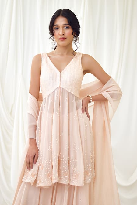 Lavanya Ahuja Pink Organza, Lycra, Silk Pearls, Frosted And Embroidered Tunic Sharara Set Online at Aza Fashions Lavanya Ahuja_Pink Organza, Lycra, Silk Pearls, Frosted And Embroidered Tunic Sharara Set _Online_at_Aza_Fashions