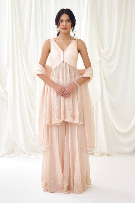 Shop Lavanya Ahuja Pink Organza, Lycra, Silk Pearls, Frosted And Embroidered Tunic Sharara Set Online at Aza Fashions Shop_Lavanya Ahuja_Pink Organza, Lycra, Silk Pearls, Frosted And Embroidered Tunic Sharara Set _Online_at_Aza_Fashions