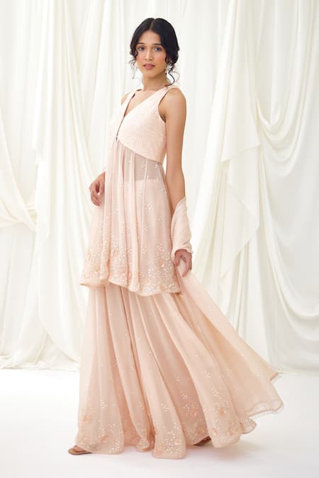 Lavanya Ahuja Pink Organza, Lycra, Silk Pearls, Frosted And Embroidered Tunic Sharara Set at Aza Fashions Lavanya Ahuja_Pink Organza, Lycra, Silk Pearls, Frosted And Embroidered Tunic Sharara Set _at_Aza_Fashions