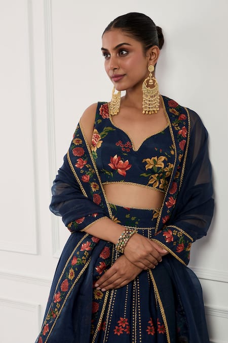 Neha Khullar_Blue Raw Silk, Organza Floral, Lace Paan Neck Print Lehenga Set _Online_at_Aza_Fashions