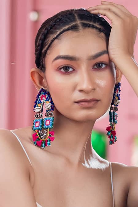 Krutiarts_Multi Color Crystals, Mirrors Bloss Elephant Earrings _Online_at_Aza_Fashions