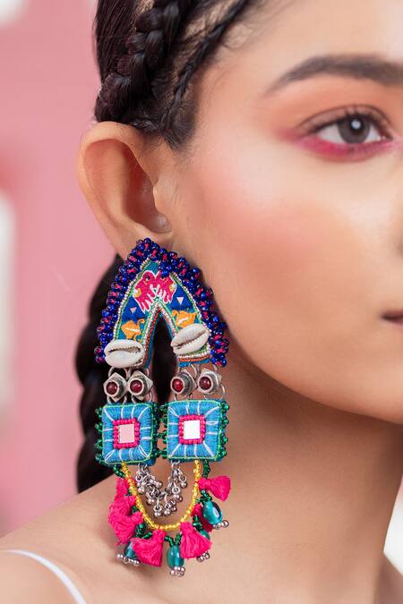 Shop_Krutiarts_Multi Color Crystals, Mirrors Bloss Elephant Earrings _Online_at_Aza_Fashions