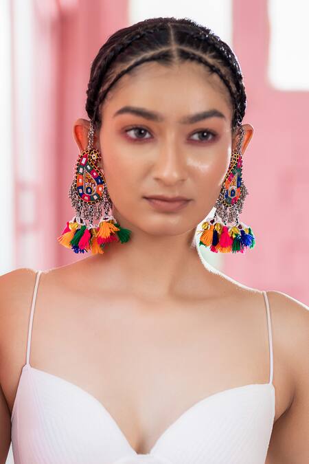 Krutiarts_Multi Color Crystals, Mirrors, Tassels Mango Motif Dangling Earrings _Online_at_Aza_Fashions
