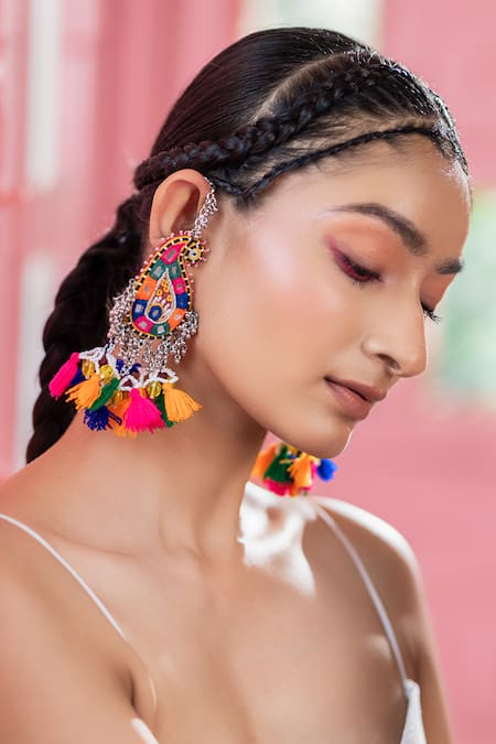 Buy_Krutiarts_Multi Color Crystals, Mirrors, Tassels Mango Motif Dangling Earrings _Online_at_Aza_Fashions