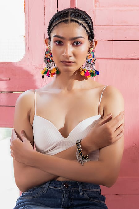 Shop_Krutiarts_Multi Color Crystals, Mirrors, Tassels Mango Motif Dangling Earrings _Online_at_Aza_Fashions