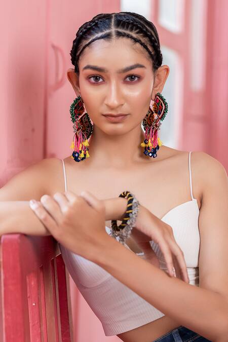 Krutiarts_Multi Color Crystal, Mirror, Tassel, Thread Geluk Embellished Earrings _Online_at_Aza_Fashions