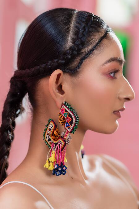 Buy_Krutiarts_Multi Color Crystal, Mirror, Tassel, Thread Geluk Embellished Earrings _Online_at_Aza_Fashions