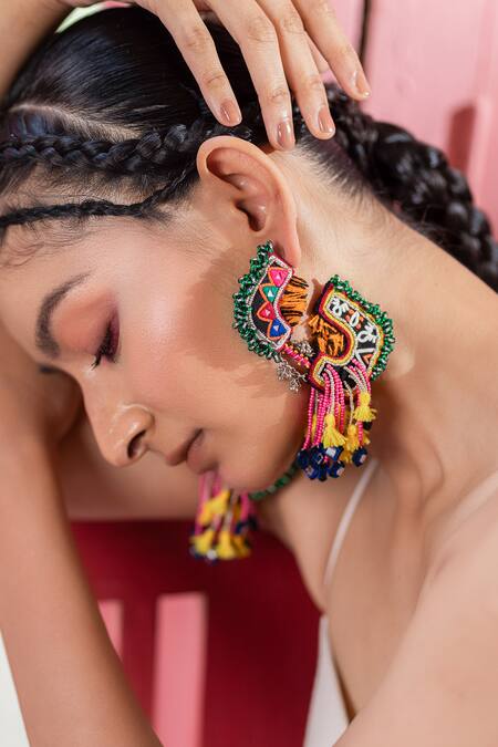 Shop_Krutiarts_Multi Color Crystal, Mirror, Tassel, Thread Geluk Embellished Earrings _Online_at_Aza_Fashions