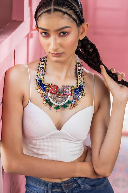 Shop Krutiarts Multi Color Crystal, Mirror, Tassel, Thread Hoera Embellished Necklace Online at Aza Fashions Shop_Krutiarts_Multi Color Crystal, Mirror, Tassel, Thread Hoera Embellished Necklace _Online_at_Aza_Fashions