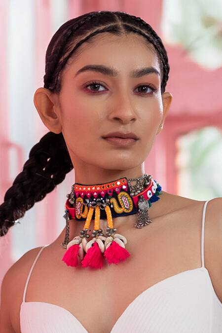 Krutiarts_Multi Color Crystal, Mirror, Tassel, Thread, Metal Passie Embellished Choker _Online_at_Aza_Fashions