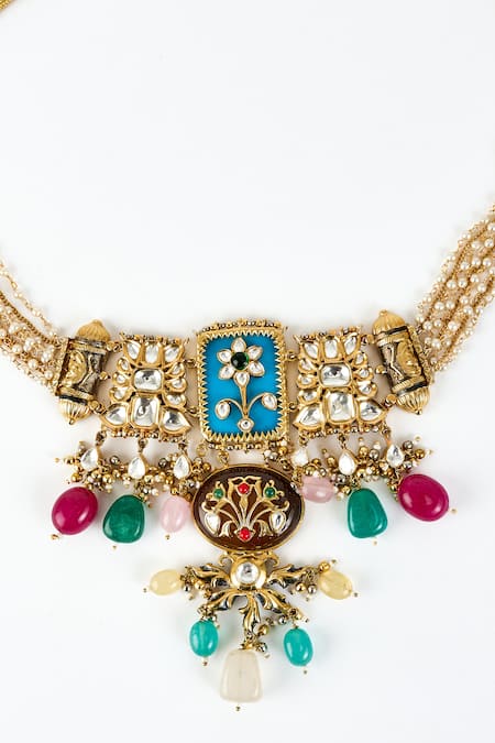 Shop_Vivinia By Vidhi Mehra_Gold Plated Pearls, Kundan, Gemstone And Enamel Embellished Necklace Set _Online_at_Aza_Fashions