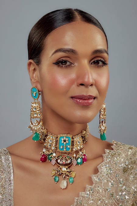 Buy_Vivinia By Vidhi Mehra_Gold Plated Pearls, Kundan, Gemstone And Enamel Embellished Necklace Set 