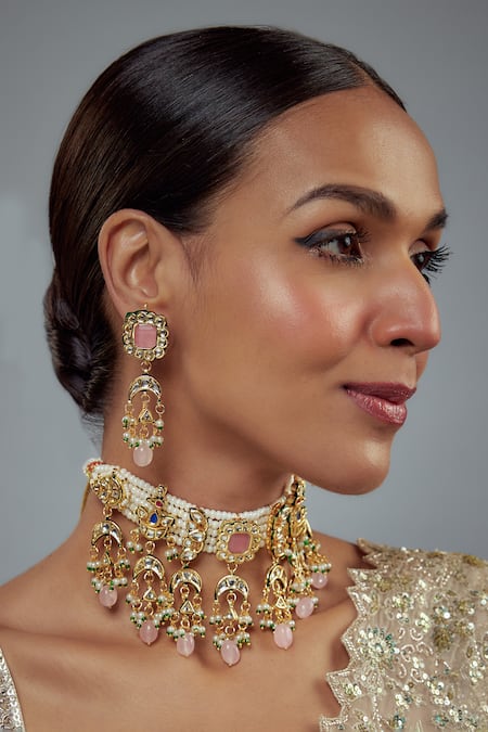 Vivinia By Vidhi Mehra_Gold Plated Pearls, Stones Kundan And Bead Embellished Necklace Set _at_Aza_Fashions