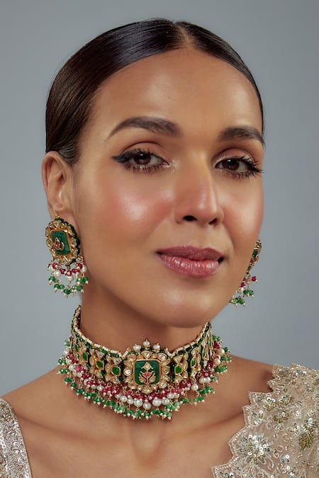 Buy_Vivinia By Vidhi Mehra_Gold Plated Kundan, Beads Saadgi And Embellished Choker Necklace Set _Online_at_Aza_Fashions