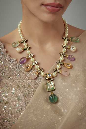 Vivinia By Vidhi Mehra_Multi Color Gemstone Pearl Necklace _Online_at_Aza_Fashions