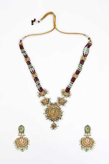 Shop Vivinia By Vidhi Mehra Gold Plated Beads Kundan And Embellished Long Necklace Set at Aza Fashions Shop_Vivinia By Vidhi Mehra_Gold Plated Beads Kundan And Embellished Long Necklace Set _at_Aza_Fashions