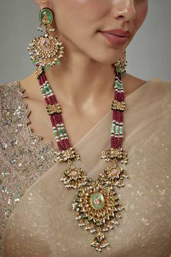 Shop Vivinia By Vidhi Mehra Gold Plated Beads Kundan And Embellished Long Necklace Set Online at Aza Fashions Shop_Vivinia By Vidhi Mehra_Gold Plated Beads Kundan And Embellished Long Necklace Set _Online_at_Aza_Fashions