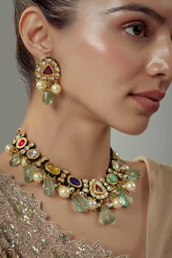 Shop_Vivinia By Vidhi Mehra_Gold Plated Kundan, Gemstone And Embellished Necklace Set _Online_at_Aza_Fashions