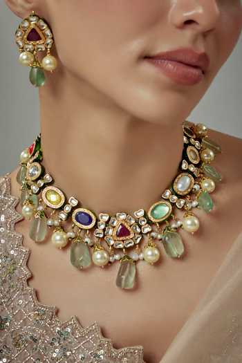 Vivinia By Vidhi Mehra_Gold Plated Kundan, Gemstone And Embellished Necklace Set _at_Aza_Fashions