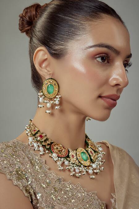 Shop_Vivinia By Vidhi Mehra_Gold Plated Pearls, Stones Kundan Necklace Set _Online_at_Aza_Fashions