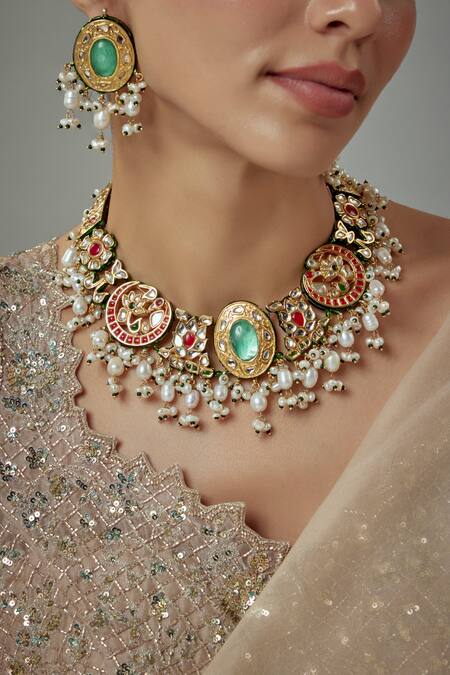 Vivinia By Vidhi Mehra_Gold Plated Pearls, Stones Kundan Necklace Set _at_Aza_Fashions