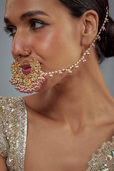 Buy_Vivinia By Vidhi Mehra_Gold Plated Kundan, Bead Saadgi And Embellished Nath _Online_at_Aza_Fashions
