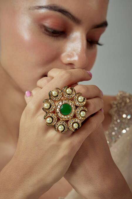 Buy Vivinia By Vidhi Mehra Gold Plated Pearls, Stone Saadgi Kundan Embellished Ring Online at Aza Fashions Buy_Vivinia By Vidhi Mehra_Gold Plated Pearls, Stone Saadgi Kundan Embellished Ring _Online_at_Aza_Fashions