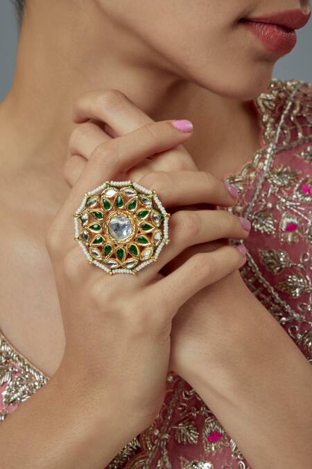 Buy_Vivinia By Vidhi Mehra_Gold Plated Stone, Kundan Saadgi Embellished Floral Ring _Online_at_Aza_Fashions