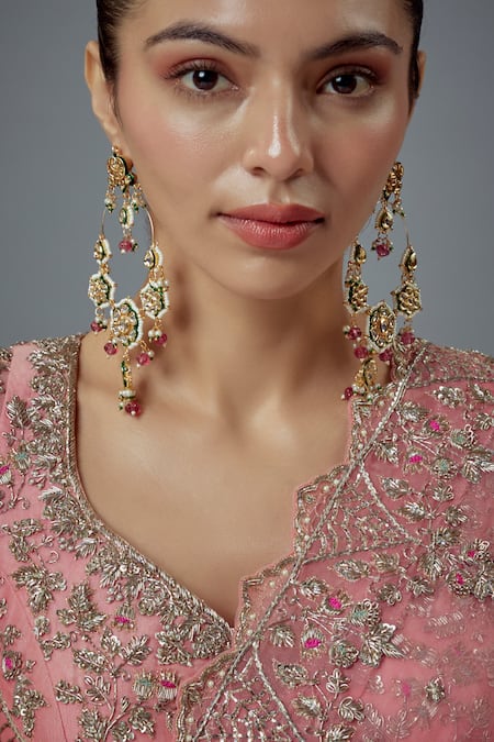 VIVINIA by Vidhi Mehra Gold & Pink Polki Kundan Danglers 