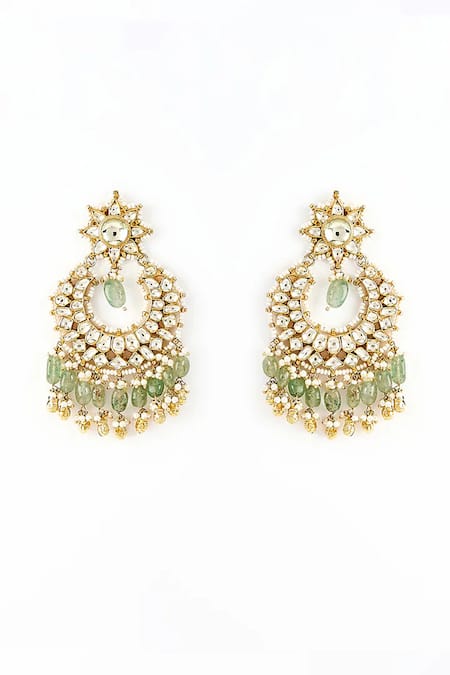 Shop Vivinia By Vidhi Mehra Gold Plated Pearl, Polki, Kundan, Gemstone Saadgi Embellished Chandbalis at Aza Fashions Shop_Vivinia By Vidhi Mehra_Gold Plated Pearl, Polki, Kundan, Gemstone Saadgi Embellished Chandbalis _at_Aza_Fashions