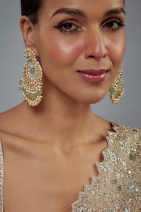 Shop Vivinia By Vidhi Mehra Gold Plated Pearl, Polki, Kundan, Gemstone Saadgi Embellished Chandbalis Online at Aza Fashions Shop_Vivinia By Vidhi Mehra_Gold Plated Pearl, Polki, Kundan, Gemstone Saadgi Embellished Chandbalis _Online_at_Aza_Fashions