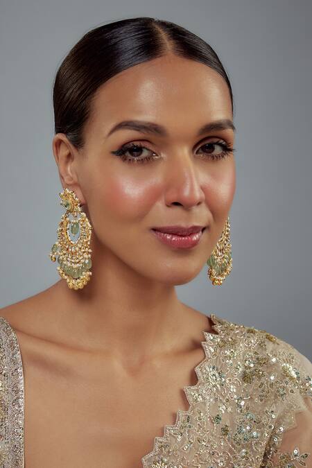 Vivinia By Vidhi Mehra Gold Plated Pearl, Polki, Kundan, Gemstone Saadgi Embellished Chandbalis at Aza Fashions Vivinia By Vidhi Mehra_Gold Plated Pearl, Polki, Kundan, Gemstone Saadgi Embellished Chandbalis _at_Aza_Fashions