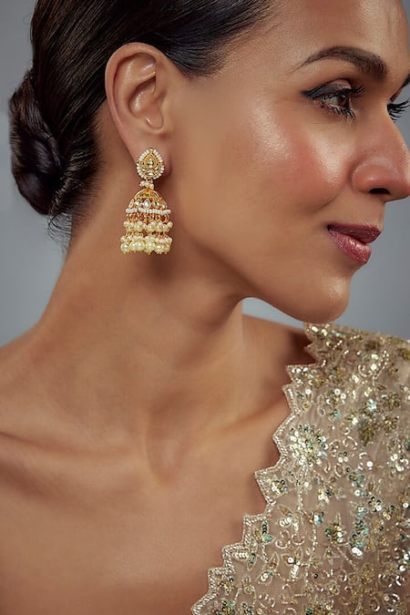 Buy_Vivinia By Vidhi Mehra_Gold Plated Pearls, Stones Kundan Polki Embellished Jhumkas _Online_at_Aza_Fashions