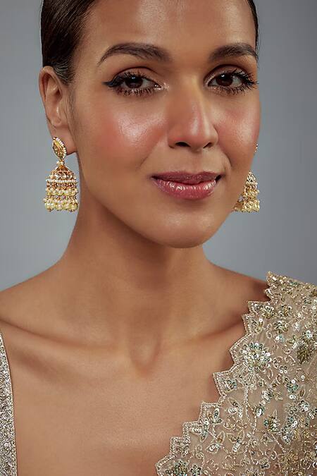 Shop_Vivinia By Vidhi Mehra_Gold Plated Pearls, Stones Kundan Polki Embellished Jhumkas _Online_at_Aza_Fashions