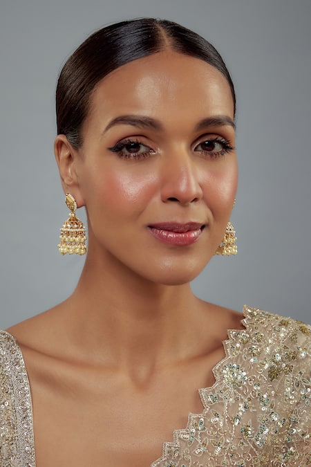 Vivinia By Vidhi Mehra_Gold Plated Pearls, Stones Kundan Polki Embellished Jhumkas _at_Aza_Fashions