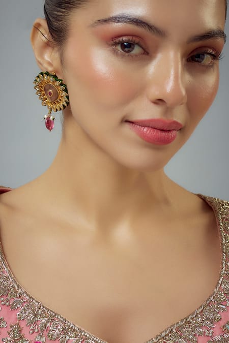 Buy_Vivinia By Vidhi Mehra_Gold Plated Gota Patti, Stones Kundan Polki Embellished Drop Earrings _Online_at_Aza_Fashions