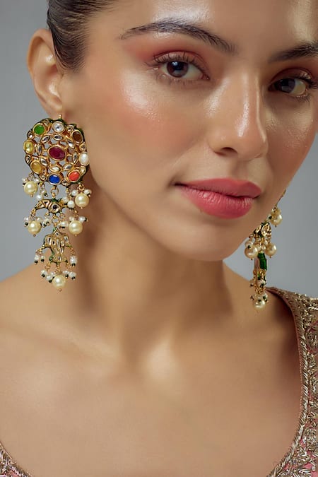 Vivinia By Vidhi Mehra Gold Plated Pearls, Piping, Gota Saadgi Kundan Polki Embellished Drop Earrings Online at Aza Fashions Vivinia By Vidhi Mehra_Gold Plated Pearls, Piping, Gota Saadgi Kundan Polki Embellished Drop Earrings _Online_at_Aza_Fashions