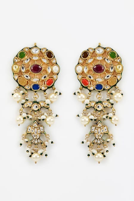 Shop Vivinia By Vidhi Mehra Gold Plated Pearls, Piping, Gota Saadgi Kundan Polki Embellished Drop Earrings at Aza Fashions Shop_Vivinia By Vidhi Mehra_Gold Plated Pearls, Piping, Gota Saadgi Kundan Polki Embellished Drop Earrings _at_Aza_Fashions
