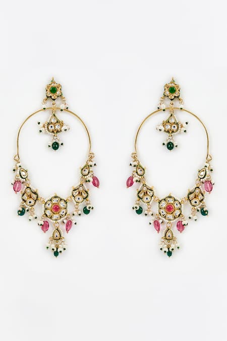 Shop Vivinia By Vidhi Mehra Gold Plated Polki, Kundan, Bead Saadgi And Embellished Long Earrings at Aza Fashions Shop_Vivinia By Vidhi Mehra_Gold Plated Polki, Kundan, Bead Saadgi And Embellished Long Earrings _at_Aza_Fashions