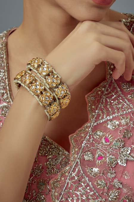 Buy_Vivinia By Vidhi Mehra_Gold Plated Zari, Pearls Kundan And Embellished Bangles Set _Online_at_Aza_Fashions