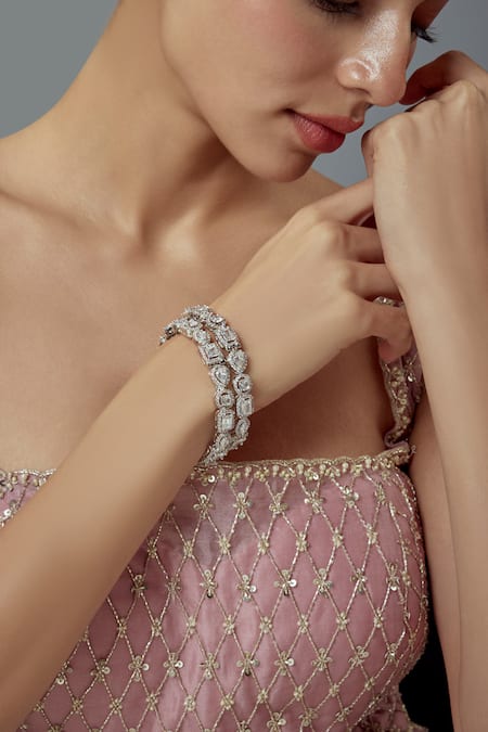 Vivinia By Vidhi Mehra Silver Plated Zari Zircon Encrusted Bangles Set 