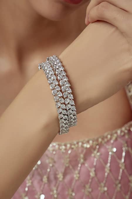 Buy_Vivinia By Vidhi Mehra_Silver Plated Zircon Diamond Zia Bloom Vine Bangles Set Of 2 _Online_at_Aza_Fashions