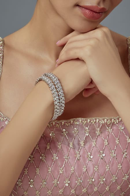 Vivinia By Vidhi Mehra Silver Plated Zircon Diamond Zia Bloom Vine Bangles Set Of 2 