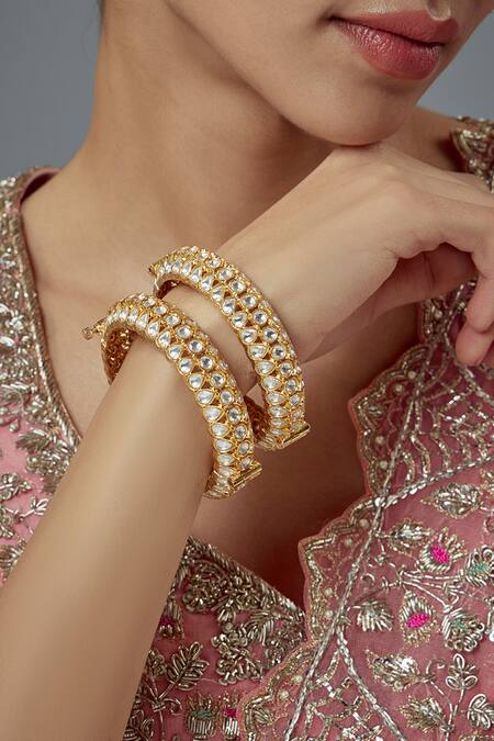Shop_Vivinia By Vidhi Mehra_Gold Plated Zari Floral Vine Kundan Bangles Set _Online_at_Aza_Fashions