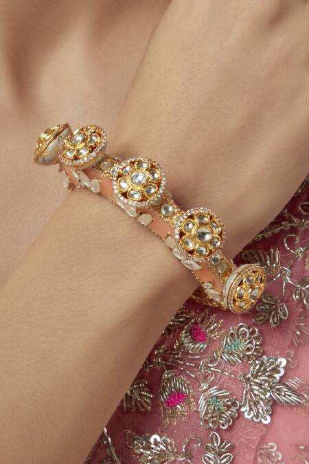 Vivinia By Vidhi Mehra_Gold Plated Zari Kundan Floral Kada Bangle _Online_at_Aza_Fashions