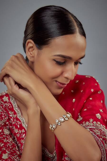 Vivinia By Vidhi Mehra_Gold Plated Stones Polki And Kundan Bloom Vine Bracelet _at_Aza_Fashions