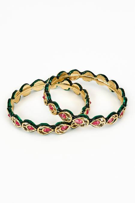 Vivinia By Vidhi Mehra_Gold Plated Pearls, Stones Kundan And Polki Teardrop Bangles Set _Online_at_Aza_Fashions