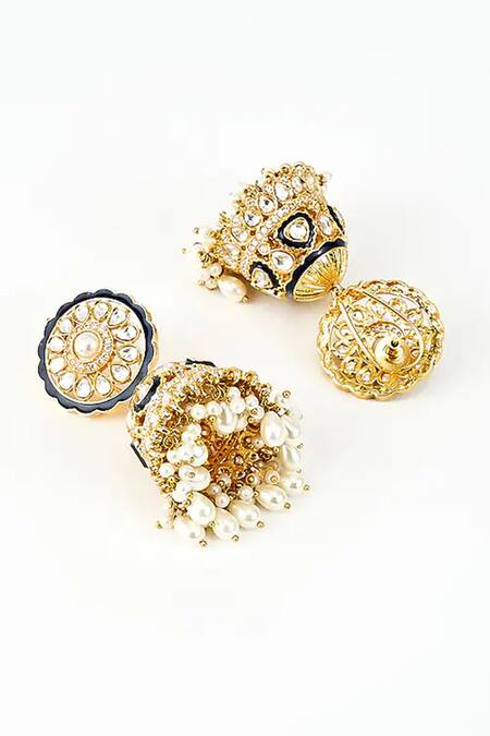 Vivinia By Vidhi Mehra_Gold Plated Pearls, Piping, Zari Kundan Embellished Jhumka Earrings _Online_at_Aza_Fashions