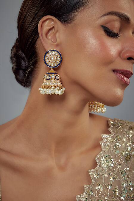 Buy_Vivinia By Vidhi Mehra_Gold Plated Pearls, Piping, Zari Kundan Embellished Jhumka Earrings _Online_at_Aza_Fashions