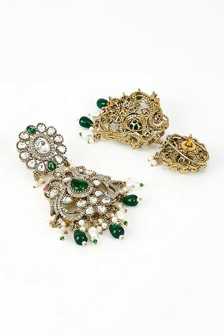 Vivinia By Vidhi Mehra_Gold Plated Pearls, Stones, Beads Floral Kundan Embellished Earrings _Online_at_Aza_Fashions